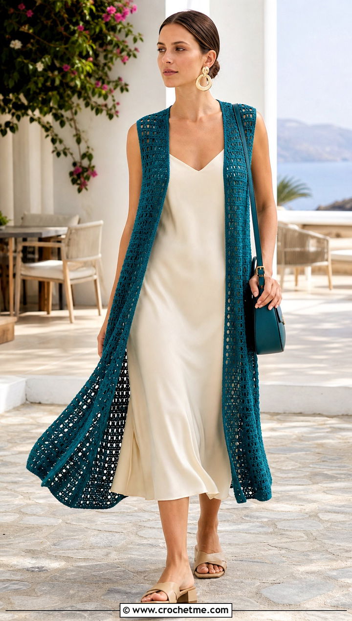 Longline Open Front Crochet Sleeveless Vest With Column Dress - 35 crochet sleeveless vest outfit ideas