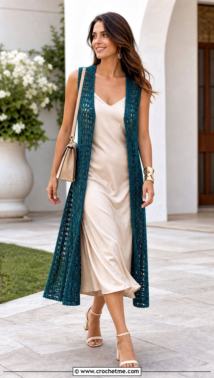 Longline Open Front Crochet Vest Over Slip Dress - 15 Crochet For Ladies Vests outfit ideas