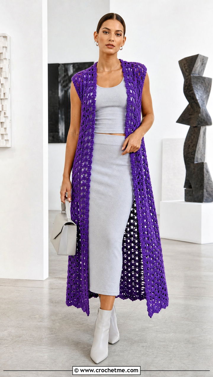Longline Open Front Crochet Vest With Column Skirt - 35 diy crochet vest outfit ideas