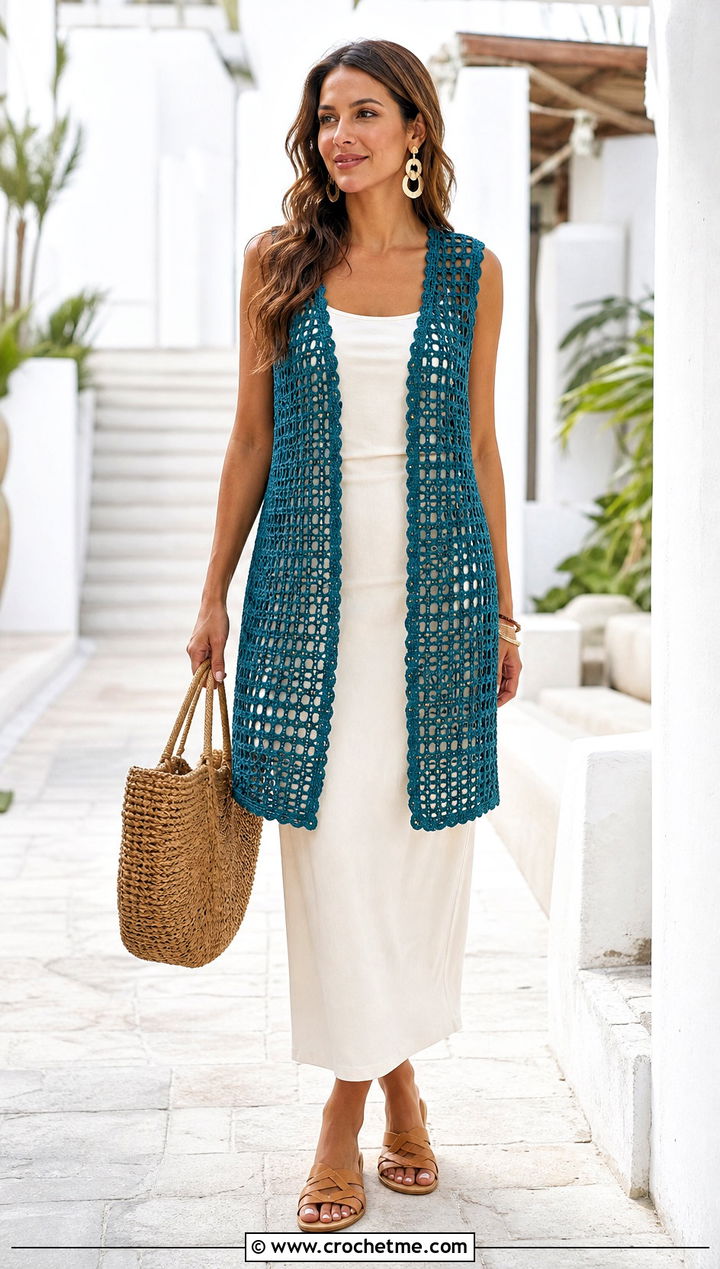Longline Open Front Crochet Vest With a Column Dress - 35 crochet vests outfit ideas