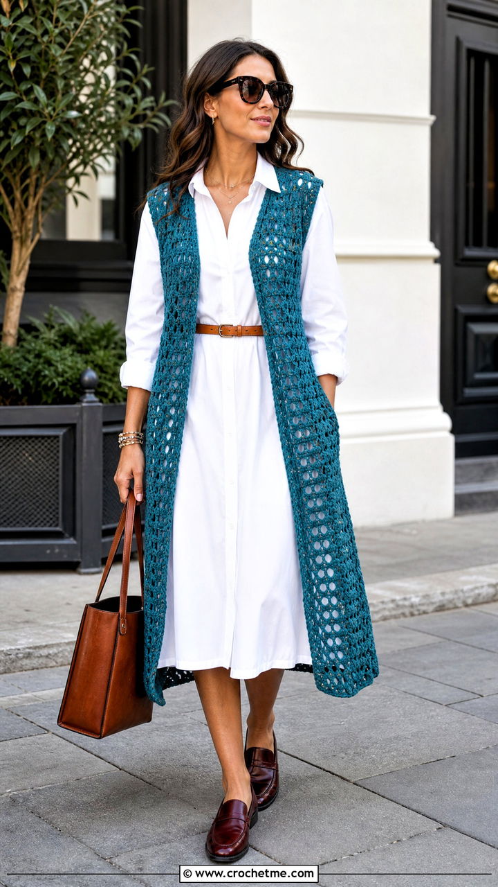 Longline Open Front Crochet Waistcoat With Shirt Dress - 35 crochet waistcoat outfit ideas