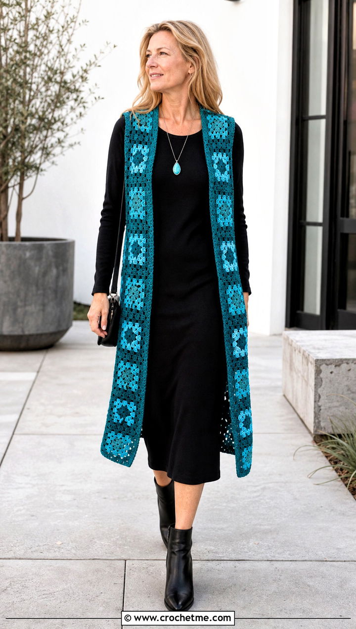 Longline Open Front Granny Square Crochet Vest With Column Dress - 25 Granny Square Crochet Vest outfit ideas