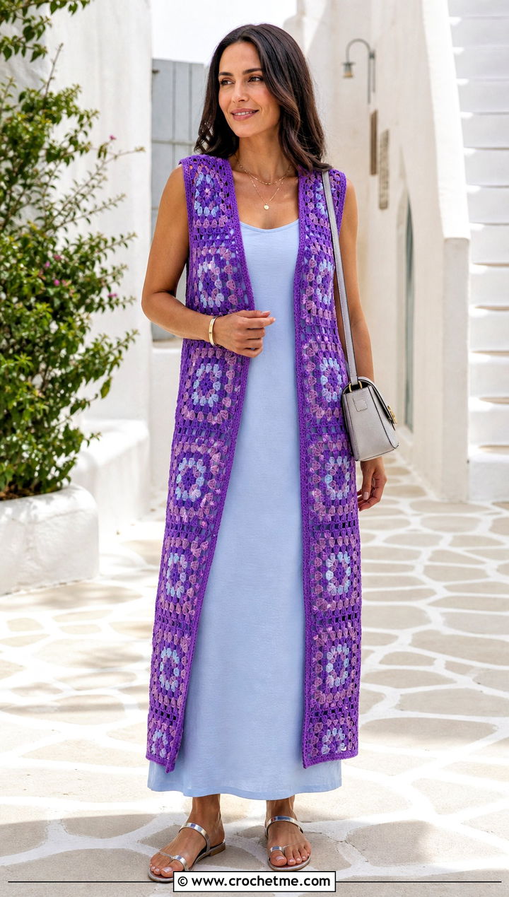 Longline Open Front Granny Square Vest With A Column Dress - 15 Crochet Granny Square Vest outfit ideas