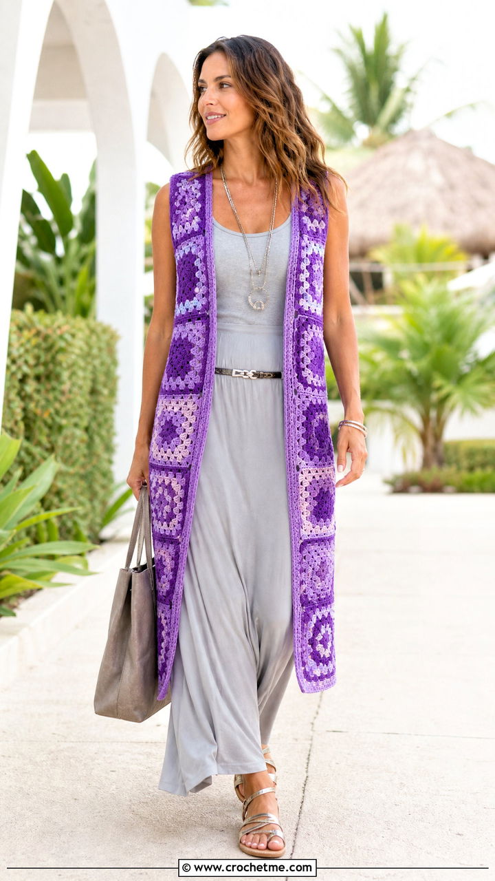 Longline Open Front Granny Square Vest With Maxi Skirt - 35 granny square vest outfit ideas