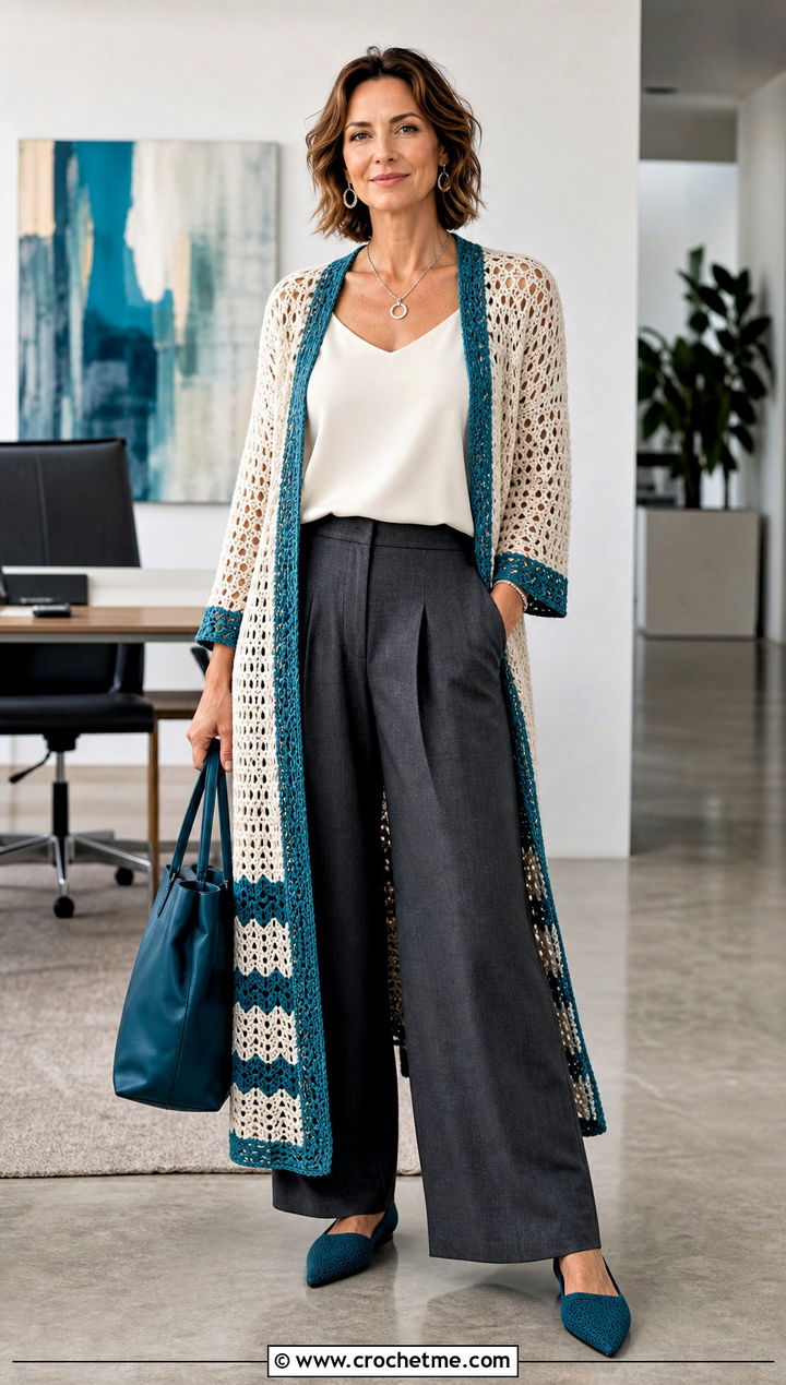 Longline Openwork Crochet Cardigan With Tailored Trousers - 15 crochet cardigan with blue accents outfit ideas