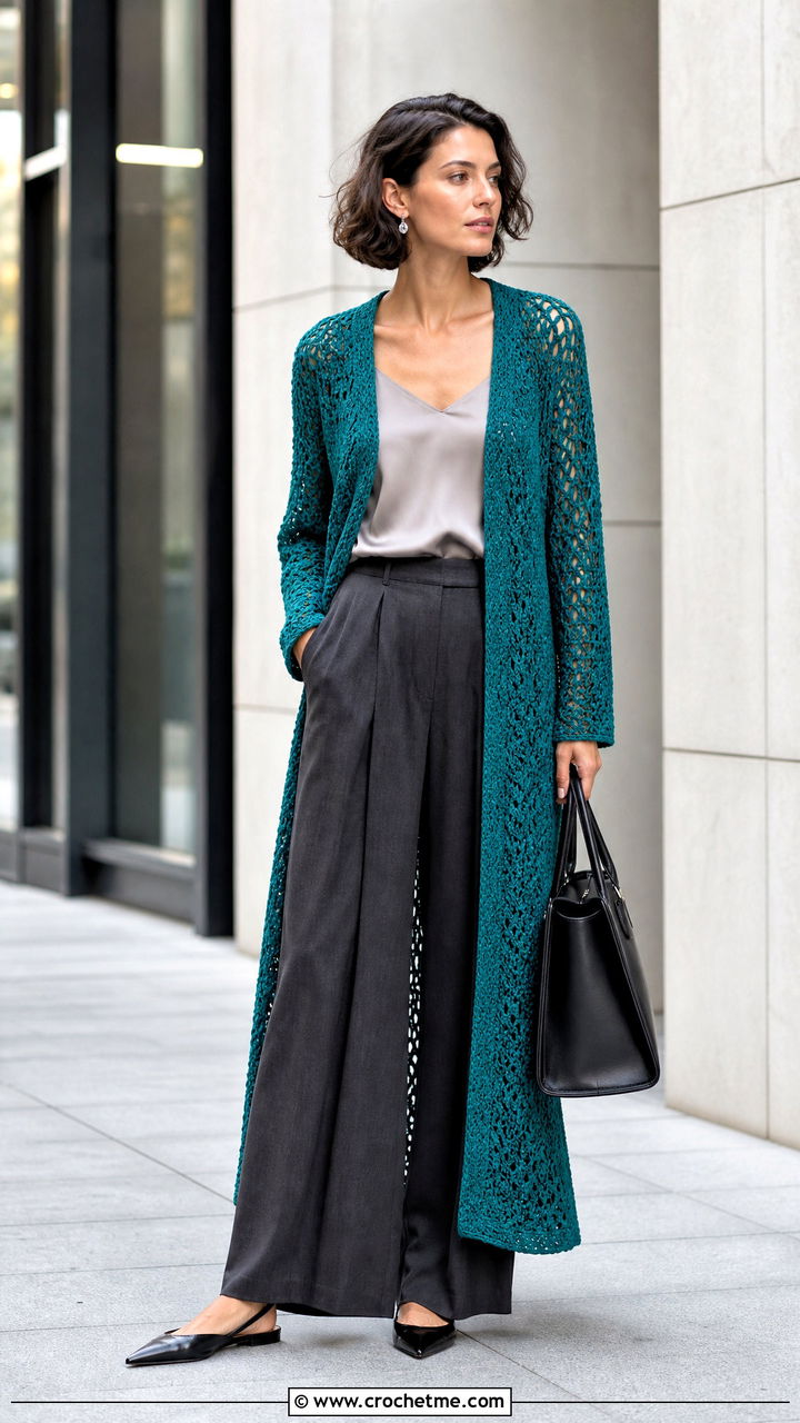 Longline Openwork Crochet Coat With Tailored Trousers - 35 crochet coats outfit ideas