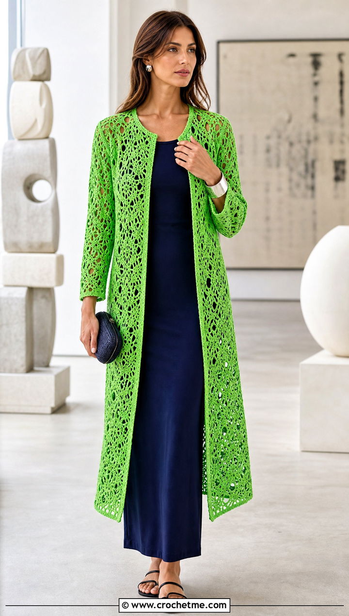Longline Openwork Crochet Jacket With Column Dress - 20 Lacy Crochet Jacket outfit ideas