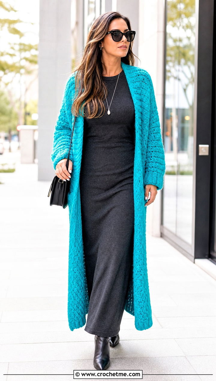 Longline Oversized Chunky Crochet Cardigan With Column Dress - 25 oversized chunky crochet cardigan outfit ideas