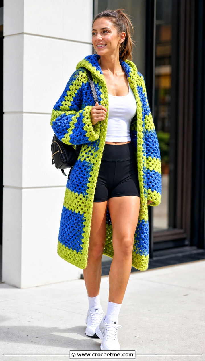 Longline Oversized Crochet Hoodie With Bike Shorts - 20 oversized crochet hoodie outfit ideas