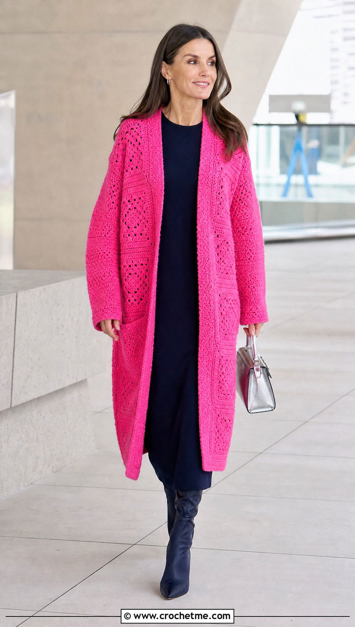 Longline Oversized Granny Square Cardigan With Column Dress - 25 Oversized Granny Square Cardigan outfit ideas