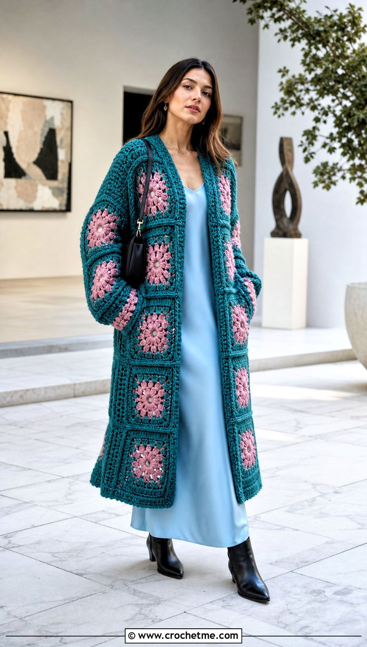 Longline Oversized Granny Square Sweater With Slip Dress - 30 oversized granny square sweater outfit ideas