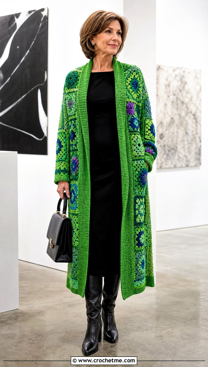Longline Patchwork Cardigan With a Column Dress - 30 crochet patch work cardigan outfit ideas
