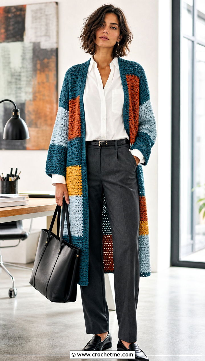 Longline Patchwork Crochet Cardigan With Tailored Trousers - 15 harry styles patchwork crochet cardigan outfit ideas