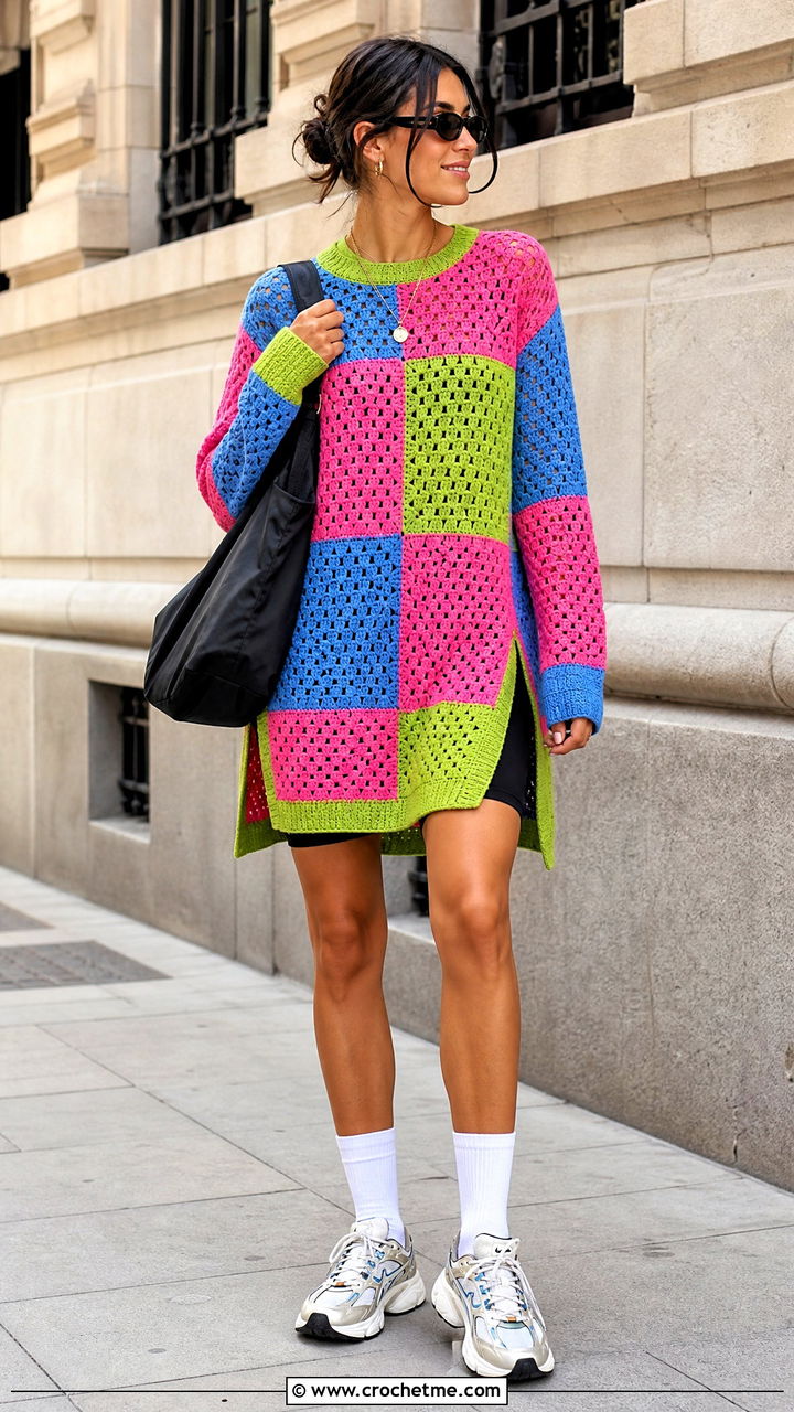 Longline Patchwork Crochet Sweater With Bike Shorts - 35 patchwork crochet sweater outfit ideas