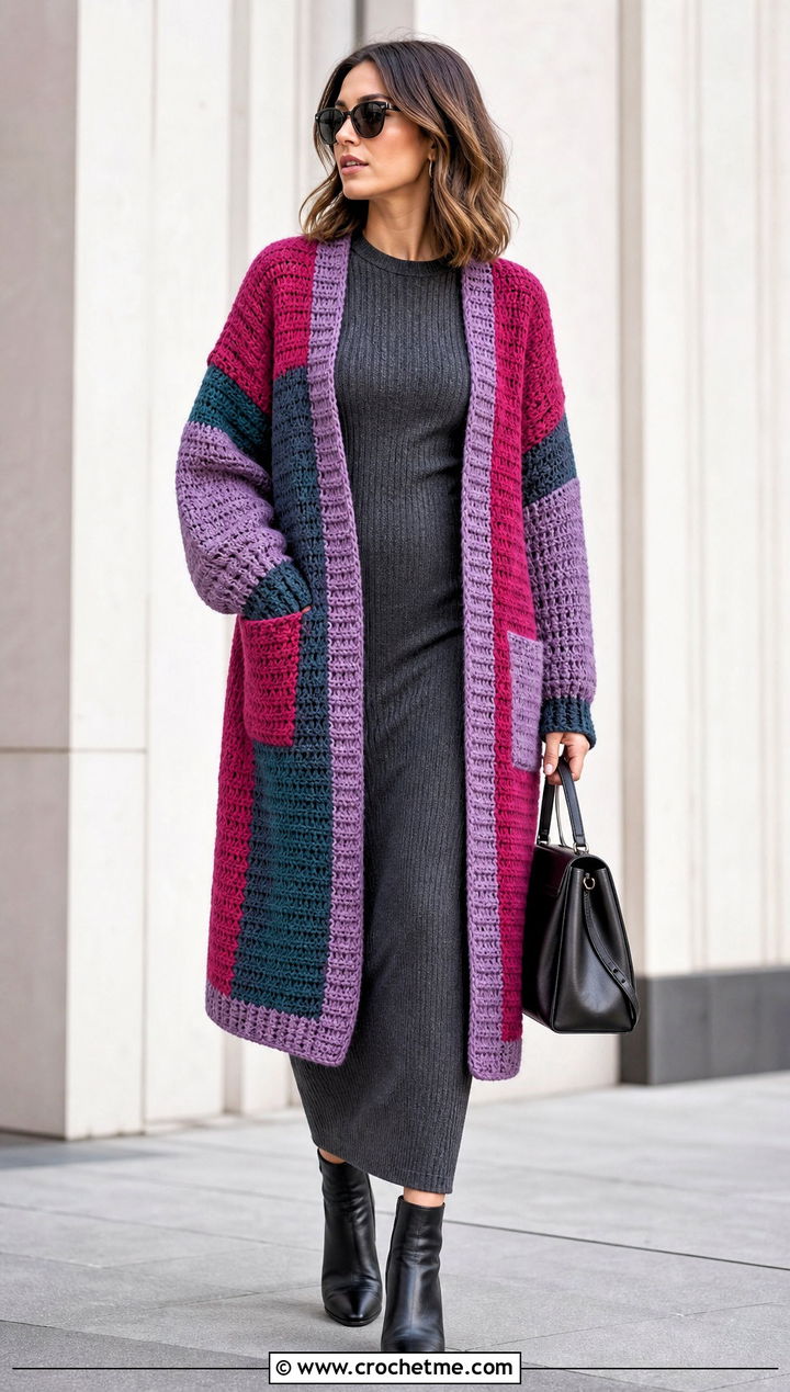 Longline Patchwork Harry Styles Cardigan With Column Dress - 15 Crocheting Harry Styles Cardigan outfit ideas