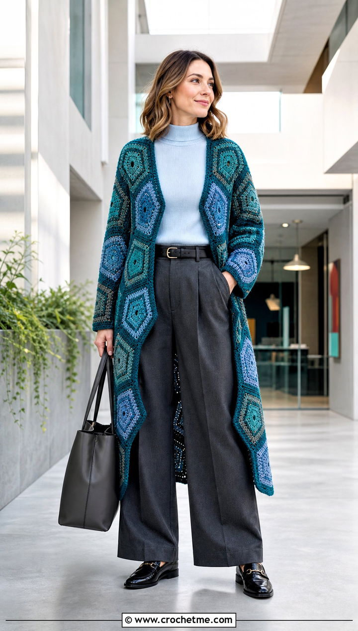 Longline Pentagon Granny Square Cardigan With Tailored Trousers - 25 Pentagon Granny Square Cardigan outfit ideas