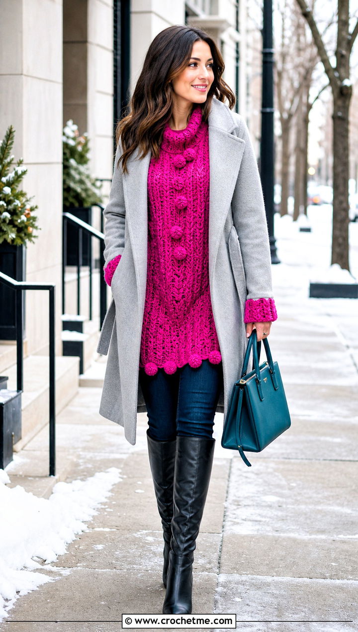 Longline Pink Crochet Pom Pom Sweater With Belted Coat - 15 pink crochet sweater with pom poms outfit ideas