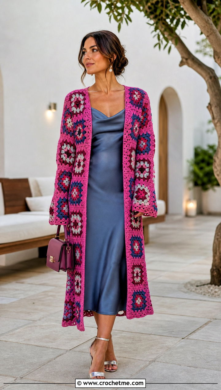 Longline Pink Granny Square Cardigan With a Slip Dress - 35 pink granny square cardigan outfit ideas