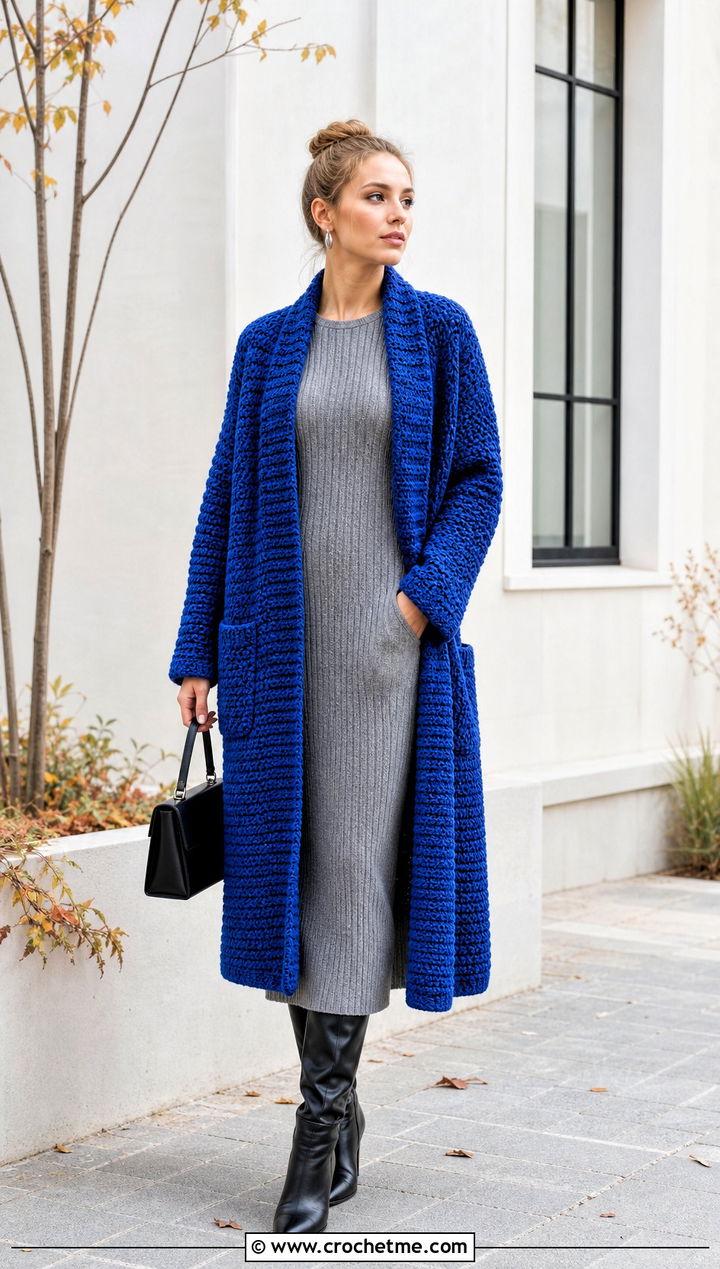 Longline Pocket Couch Crochet Cardigan With A Column Dress - 15 Couch Crochet Cardigan outfit ideas