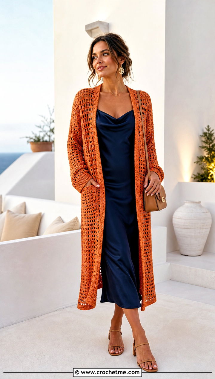 Longline Pocket Crochet Cardigan With Slip Dress - 25 crochet sweater with pockets outfit ideas