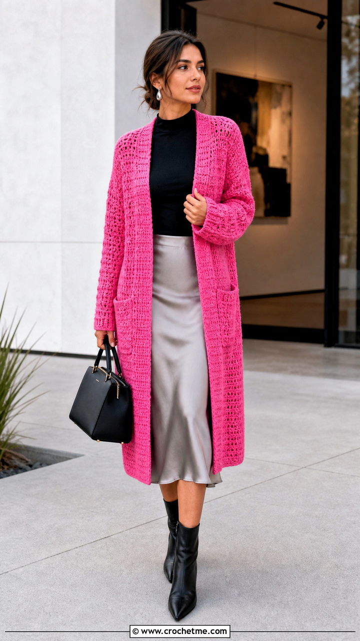 Longline Pocket Crochet Fall Cardigan With Satin Skirt - 35 crochet fall cardigan outfit ideas