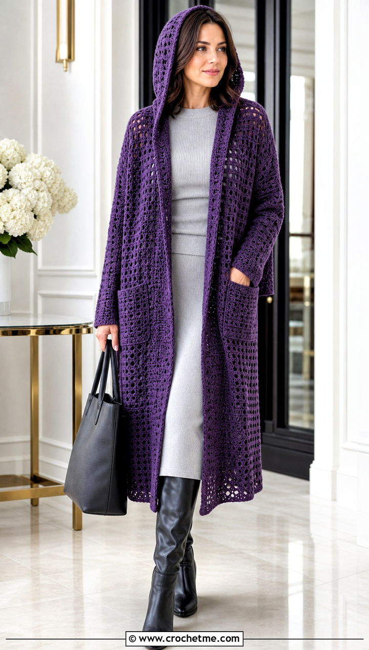 Longline Pocket Crochet Hooded Shawl With Knit Midi Set - 35 crochet hooded shawl outfit ideas