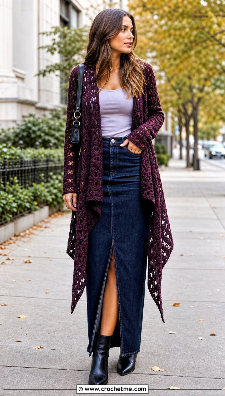 Longline Pointed Hem Crochet Cardigan With Denim Maxi Skirt - 30 crochet asymmetrical cardigan outfit ideas
