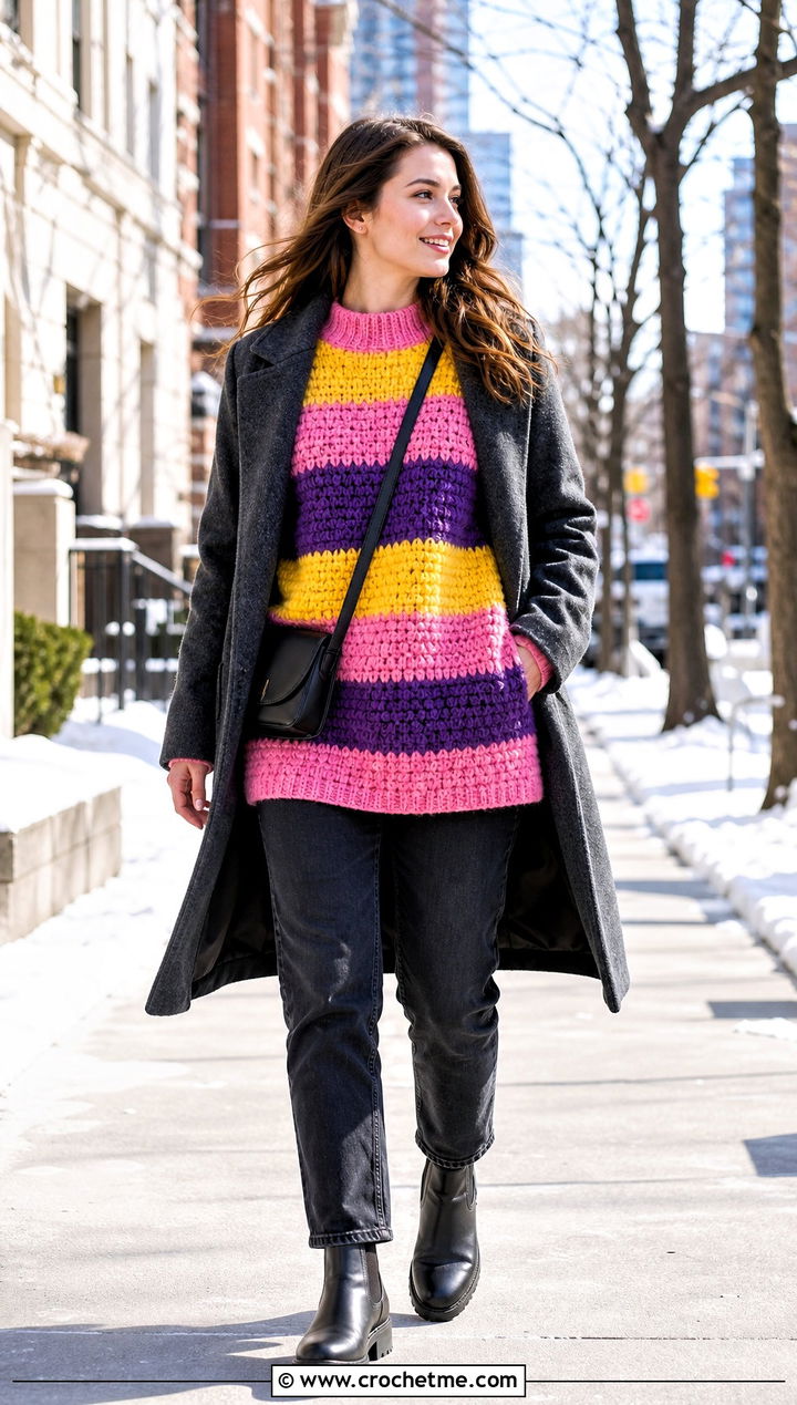 Longline Princess Bubblegum Crochet Sweater With Straight Leg Jeans - 15 Crochet Princess Bubblegum Sweater outfit ideas