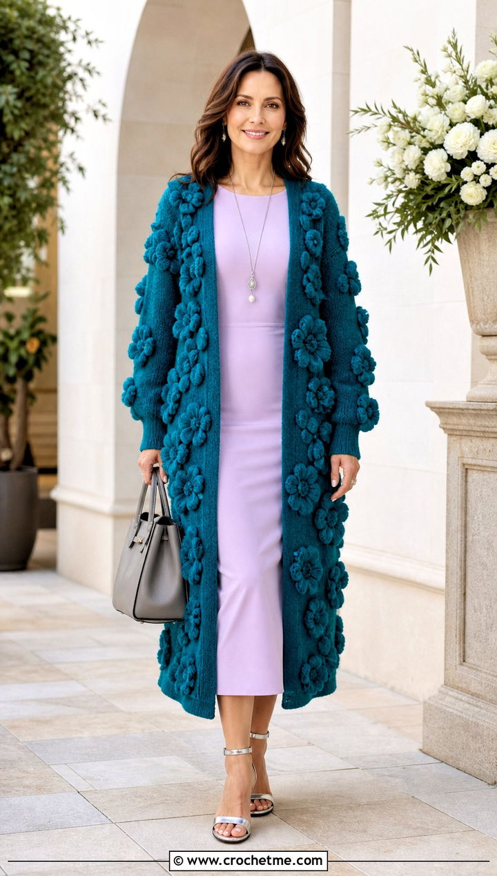 Longline Puff Flower Cardigan With Column Dress - 15 Crochet Puff Flower Cardigan outfit ideas