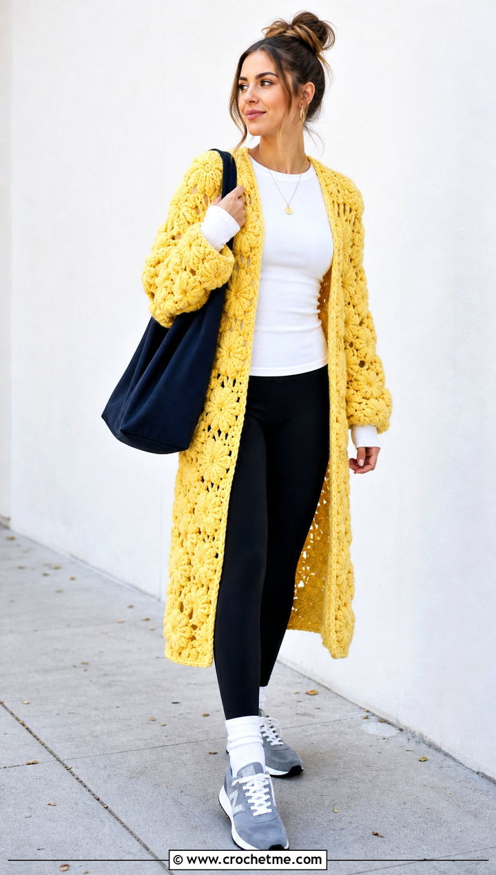 Longline Puff Flower Crochet Cardigan With Leggings - 25 puff flower crochet cardigan outfit ideas