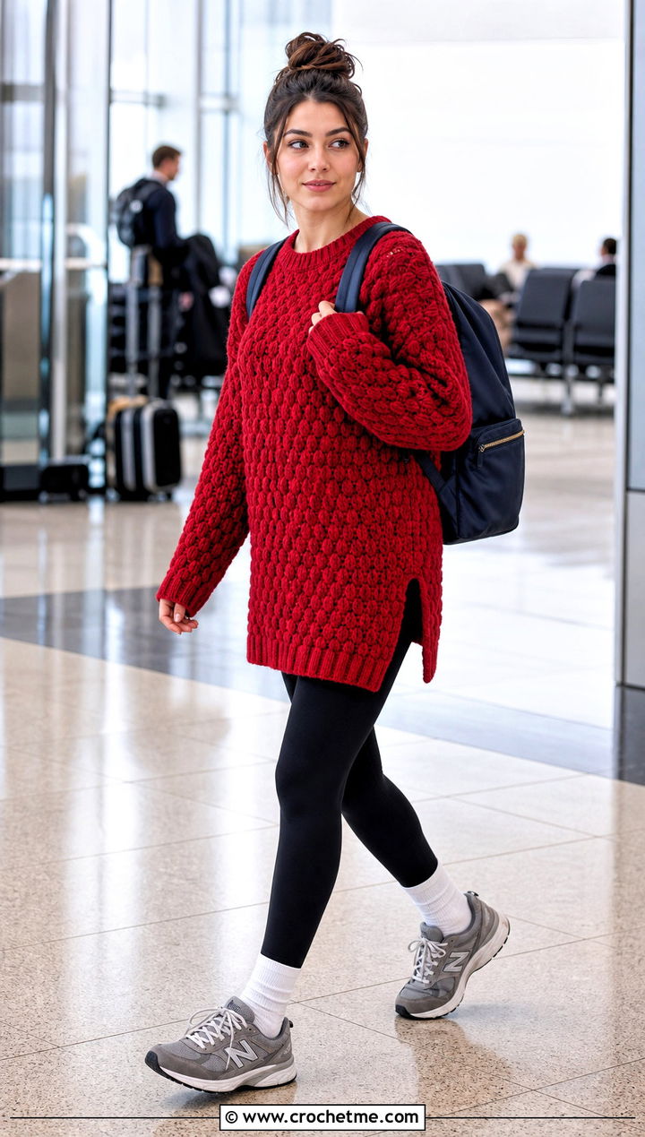 Longline Puff Stitch Sweater With Leggings - 20 Crochet Puff Stitch Sweater outfit ideas