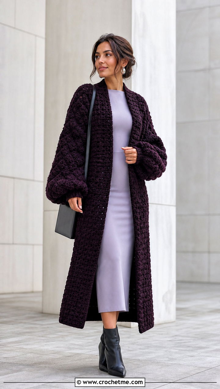 Longline Puffy Crochet Cardigan With Column Dress - 30 puffy crochet cardigan outfit ideas