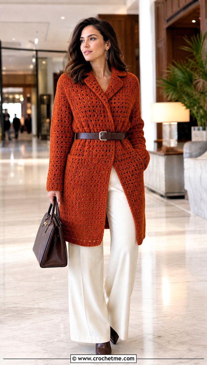Longline Puffy Crochet Sweater With Belted Wide Leg Pants - 15 Puffy Crochet Sweater outfit ideas