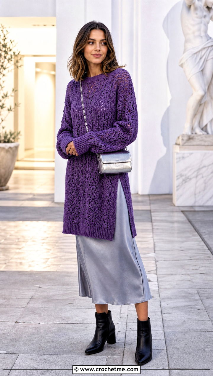 Longline Pullover Crochet Sweater With Slip Dress - 30 Pullover Crochet Sweater outfit ideas