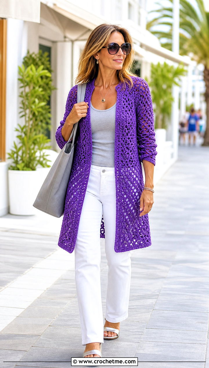 Longline Purple Crochet Cardigan With White Jeans - 35 purple crochet cardigan outfit ideas