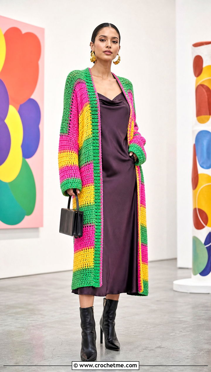 Longline Rainbow Crochet Cardigan With Slip Dress - 25 Rainbow Crochet Cardigan outfit ideas