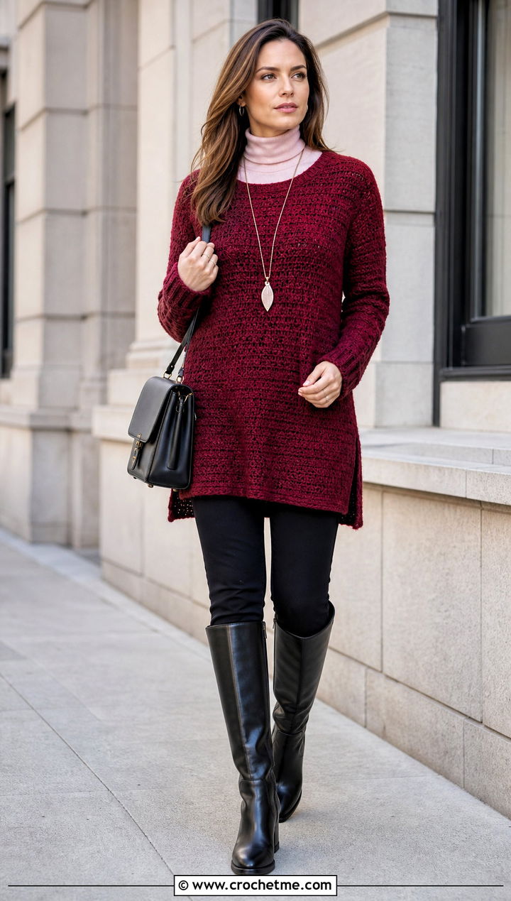 Longline Rectangle Crochet Tunic Sweater With Riding Boots - 15 Rectangle Crochet Sweater outfit ideas