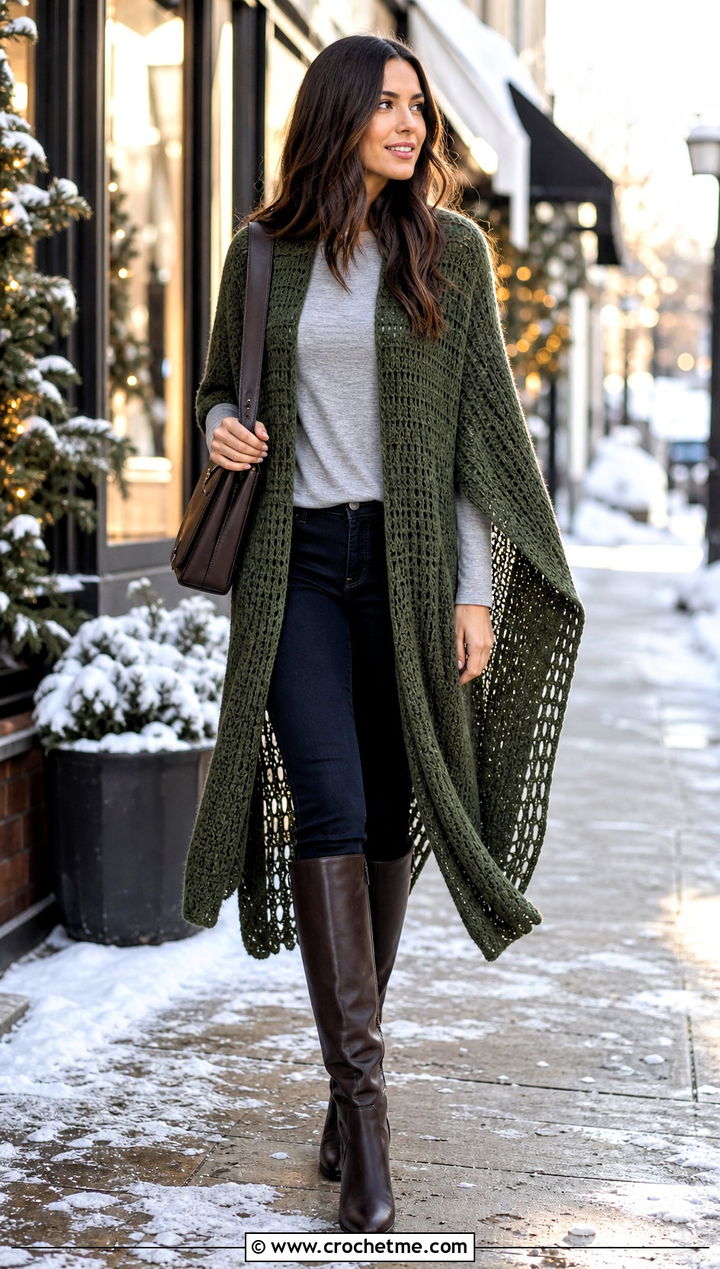 Longline Rectangle Poncho With Skinny Jeans And Tall Boots - 30 crochet rectangle poncho outfit ideas