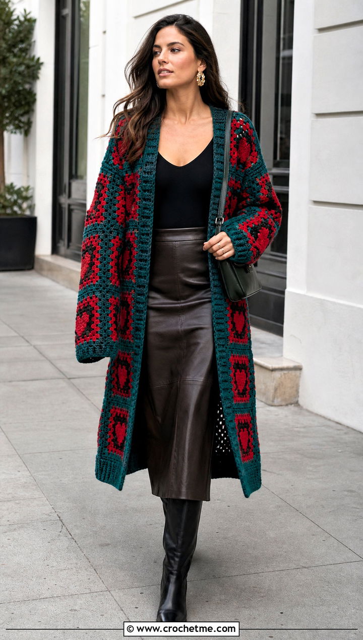 Longline Red Heart Granny Square Cardigan With Leather Midi Skirt - 15 red heart granny square cardigan outfit ideas