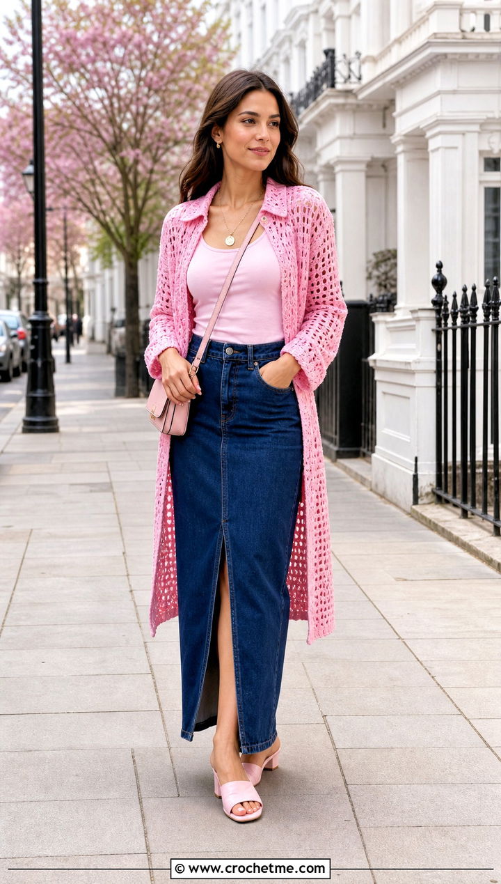 Longline Relaxagon Crochet Shirt With Denim Maxi Skirt - 15 relaxagon crochet shirt outfit ideas