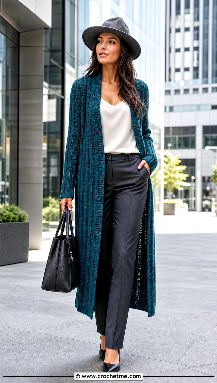 Longline Ribbed Crochet Cardigan With Fedora and Tailored Trousers - 15 Crochet Cardigan With Hat outfit ideas