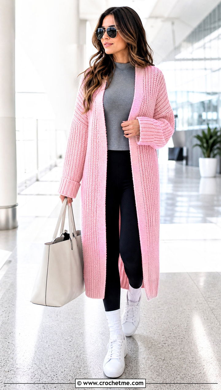 Longline Ribbed Crochet Cardigan With Leggings - 25 Bulky Crochet Cardigan outfit ideas