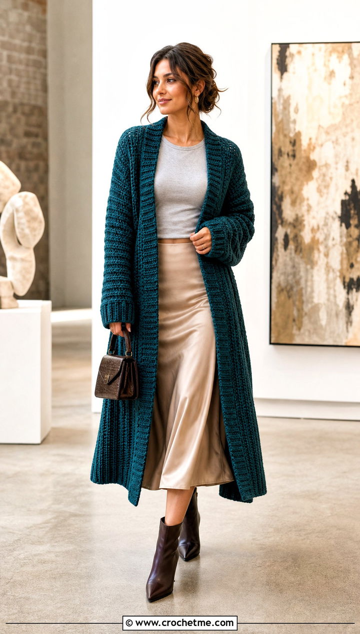 Longline Ribbed Crochet Cardigan With Satin Midi Skirt - 15 Crochet Cardigan Fall Fashion and outfit ideas
