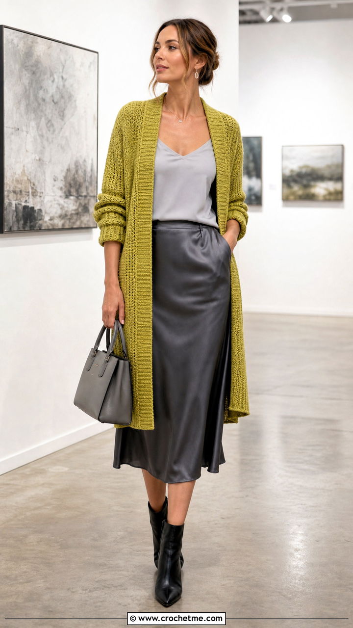 Longline Ribbed Crochet Cardigan With Satin Midi Skirt - 35 beginner crochet cardigan outfit ideas