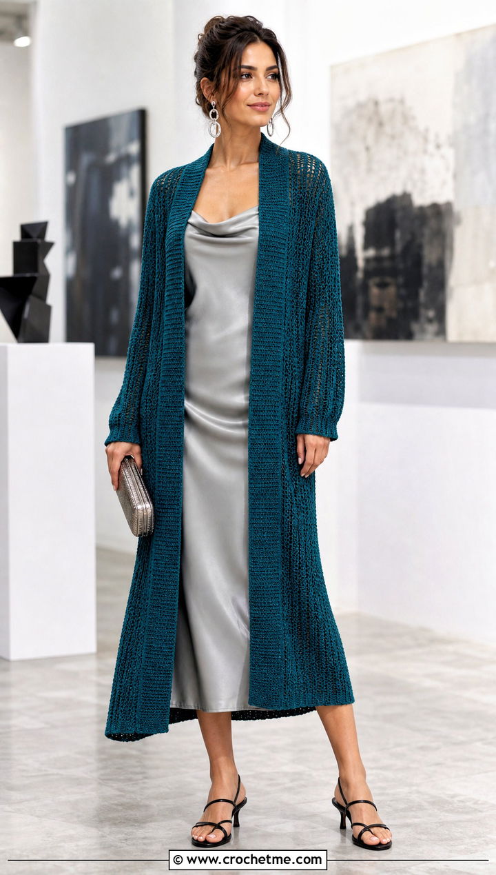 Longline Ribbed Crochet Cardigan With Satin Slip Dress - 15 Easy Crocheted Cardigan outfit ideas