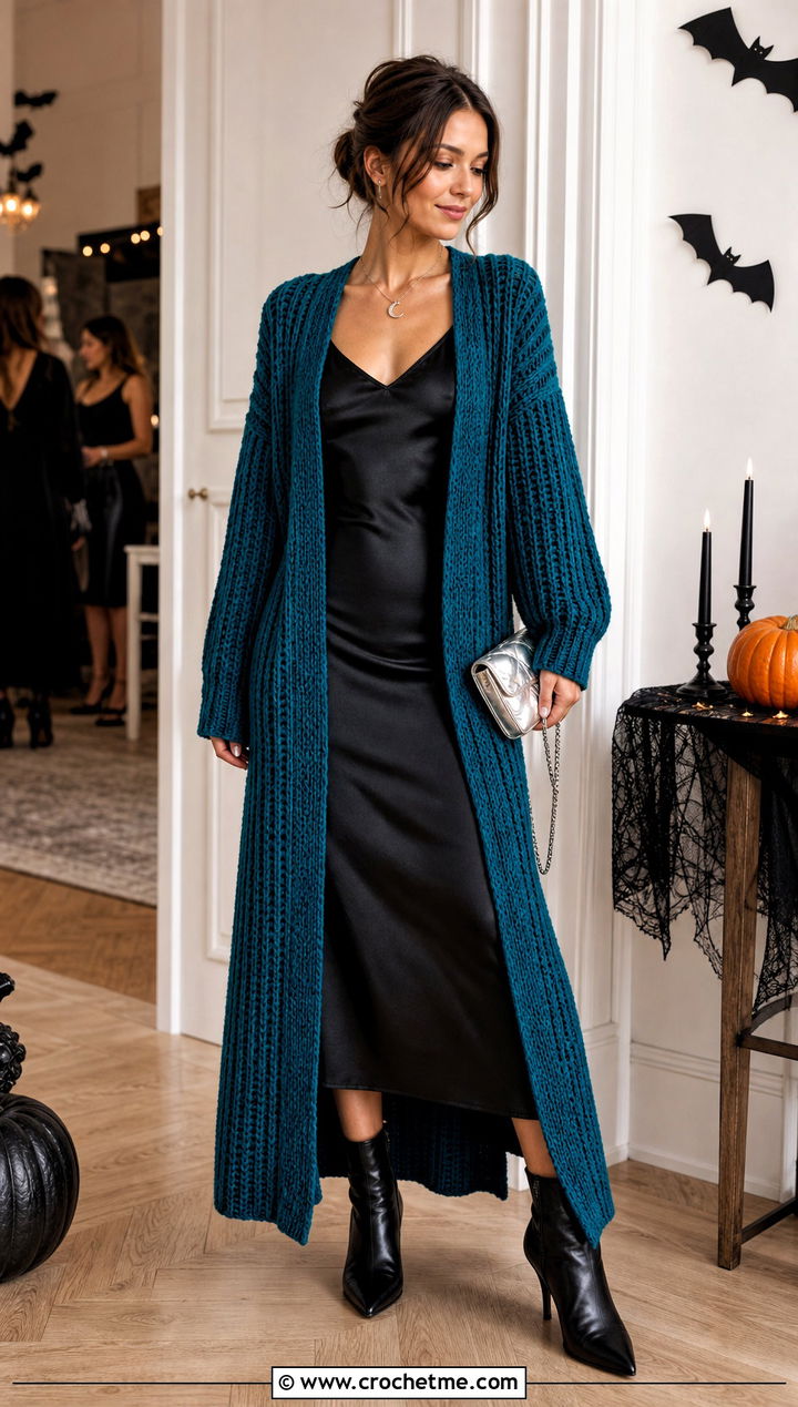 Longline Ribbed Crochet Cardigan With Slip Dress - 25 halloween crochet cardigan outfit ideas