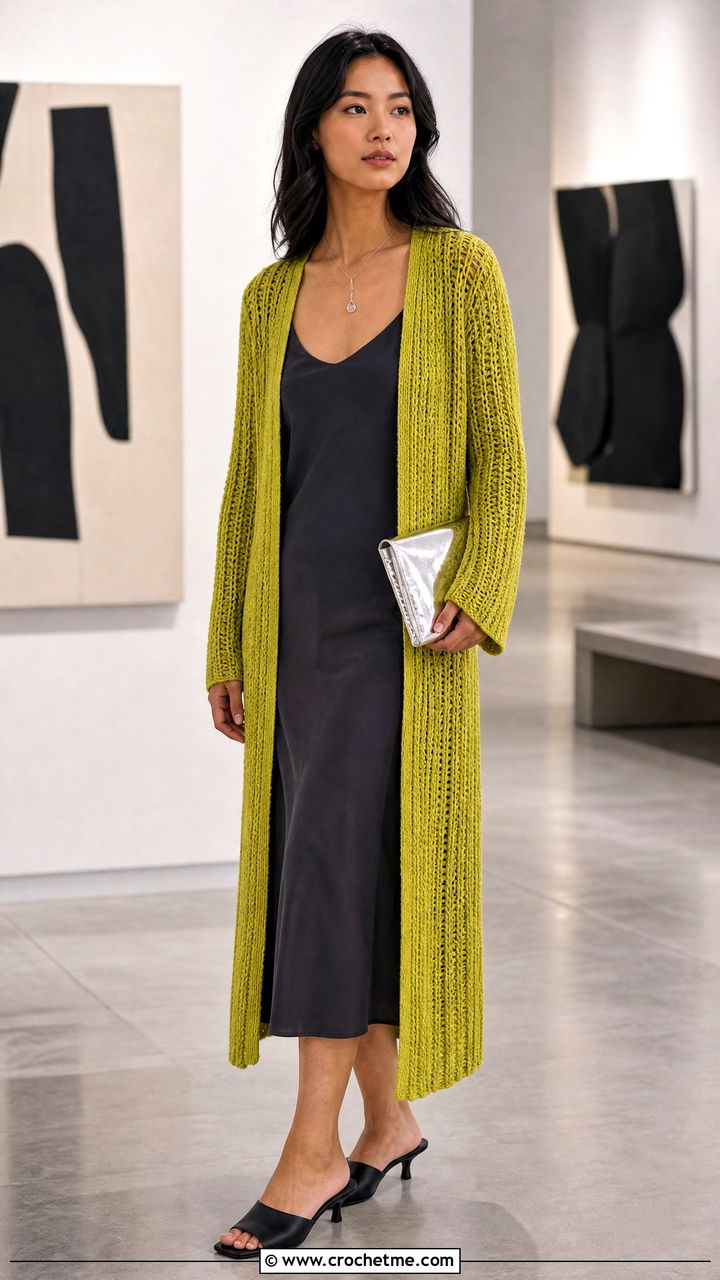 Longline Ribbed Crochet Cardigan With Slip Dress - 35 crochet cardigans for women outfit ideas