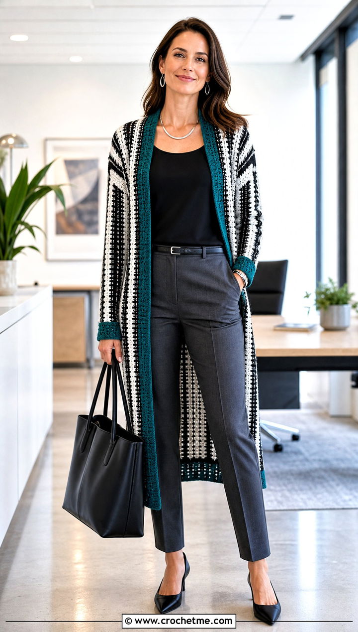 Longline Ribbed Crochet Cardigan With Tailored Trousers - 25 Black White Crochet Cardigan outfit ideas