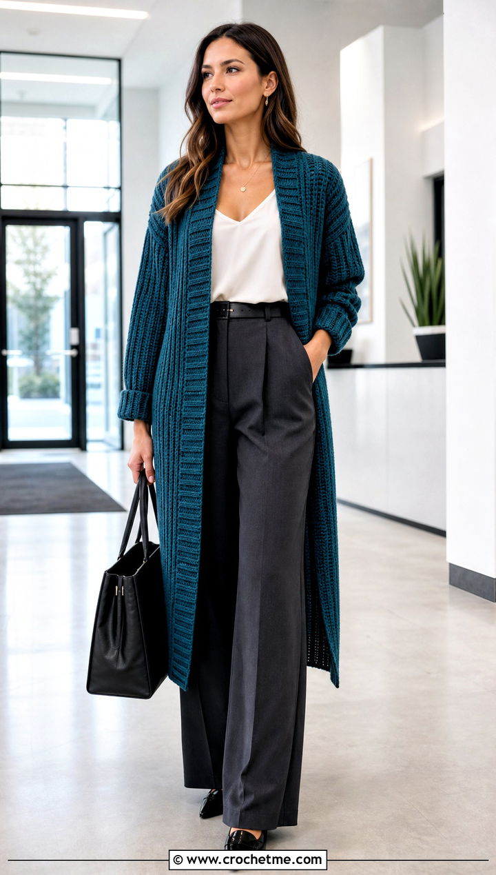 Longline Ribbed Crochet Cardigan With Tailored Trousers - 15 classic crochet cardigan outfit ideas