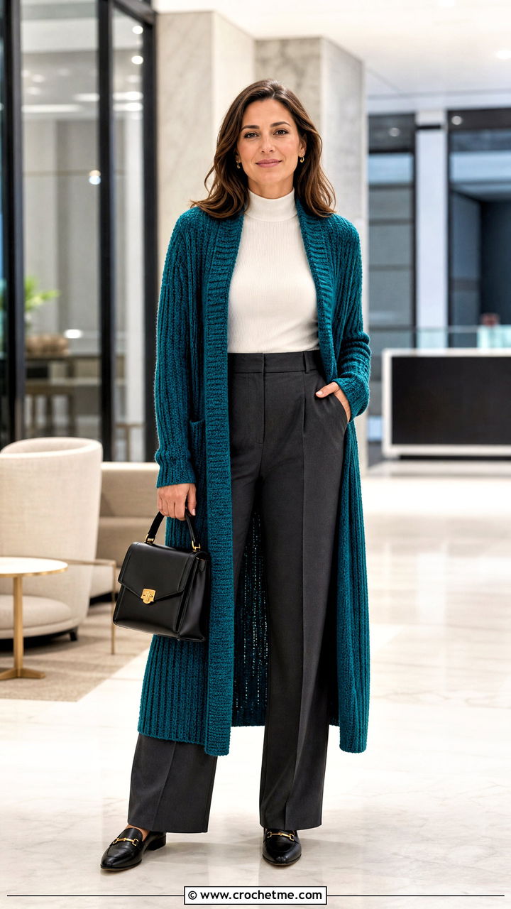 Longline Ribbed Crochet Cardigan With Tailored Trousers - 35 oversized crochet cardigan outfit ideas
